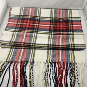 Elegant Tartan Scarf in Red, Black, and White 100% Cashmere NEW 72x 12